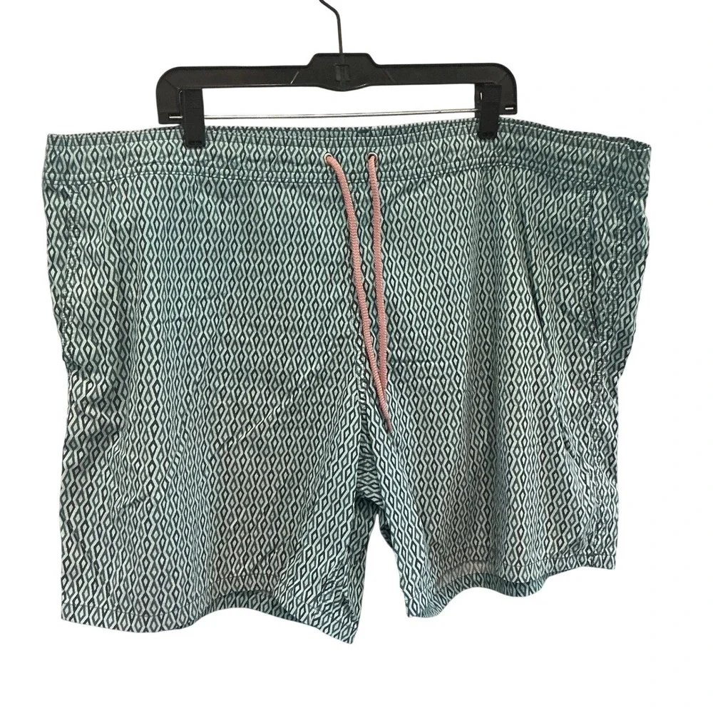 J.Crew Mens Swim Trunks XXL Teal Geometric Diamond Print Drawstring Preppy Beach